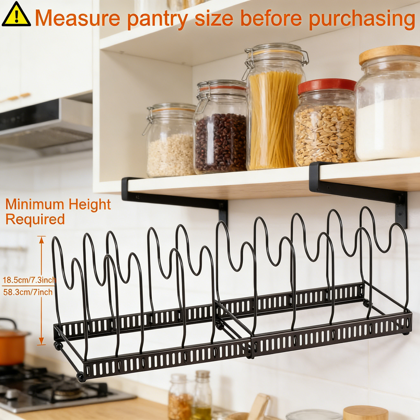 Pots and Pans Organizer Rack for Cabinet and Countertop, 10+ Pot Lids, Bakeware and Cookware Organizer Rack Holder with 10 Adjustable Compartments - Brown