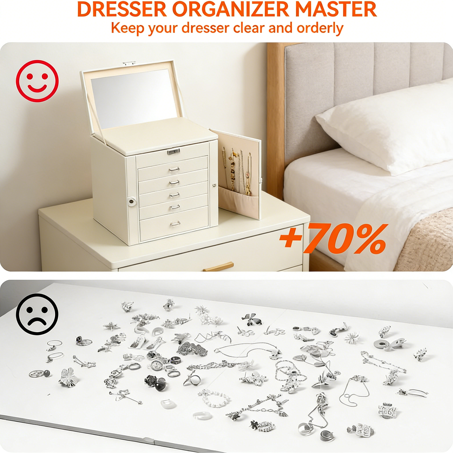 ,6-Tier PU Leather Jewelry Organizer,Multi-functional Storage Case with Mirror