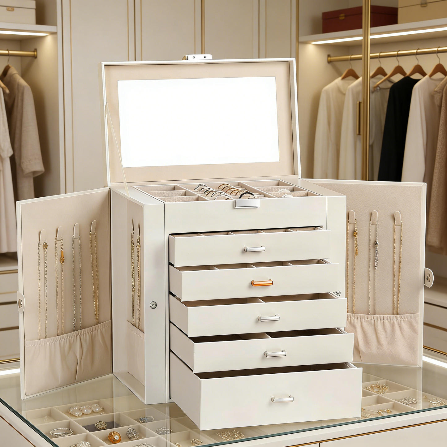 ,6-Tier PU Leather Jewelry Organizer,Multi-functional Storage Case with Mirror