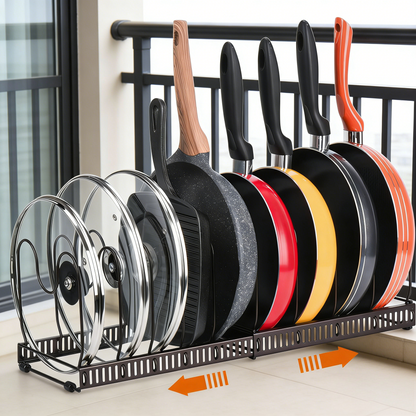 Pots and Pans Organizer Rack for Cabinet and Countertop, 10+ Pot Lids, Bakeware and Cookware Organizer Rack Holder with 10 Adjustable Compartments - Brown