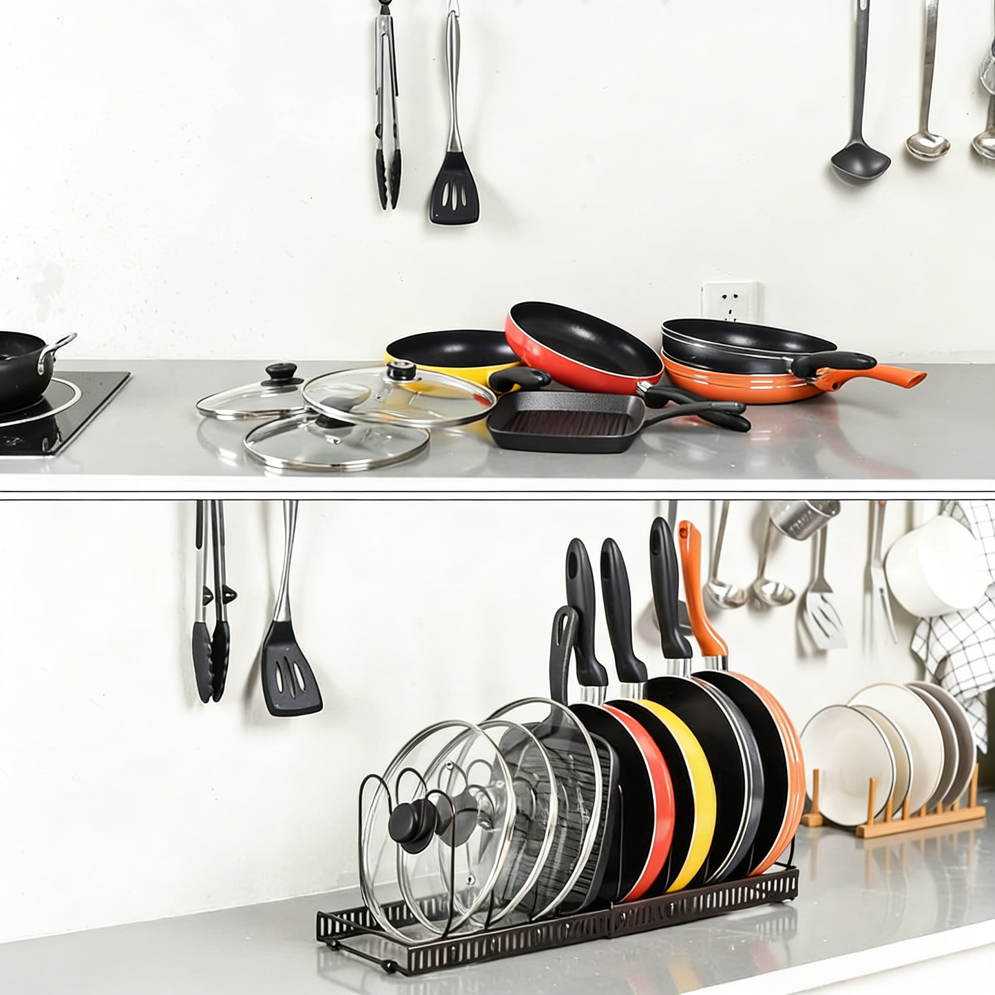 Pots and Pans Organizer Rack for Cabinet and Countertop, 10+ Pot Lids, Bakeware and Cookware Organizer Rack Holder with 10 Adjustable Compartments - Brown