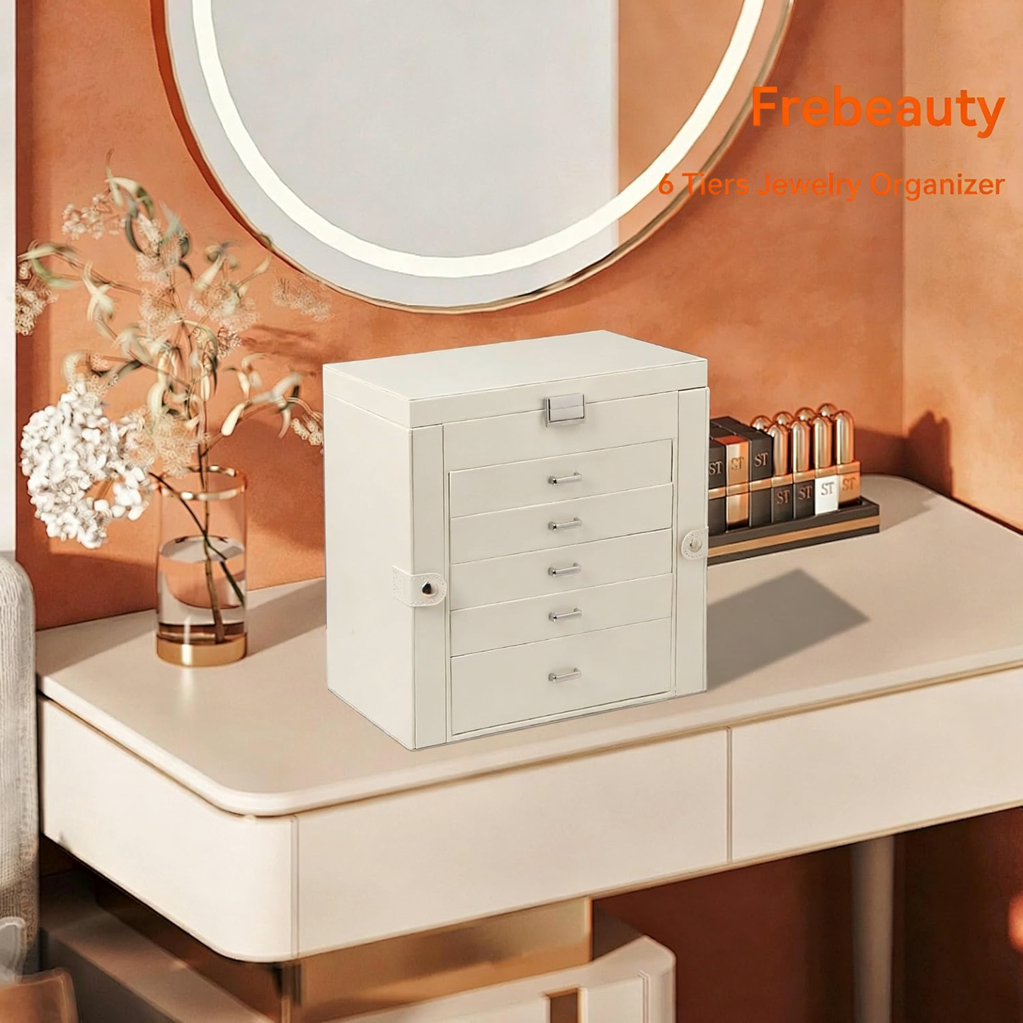,6-Tier PU Leather Jewelry Organizer,Multi-functional Storage Case with Mirror