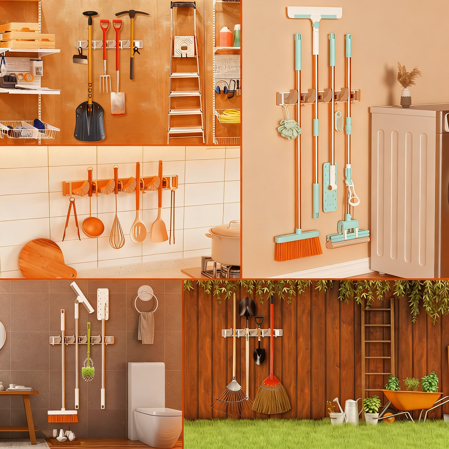 Mop Broom Holder Wall Mount Metal Pantry Organization and Storage Garden Kitchen Tool Organizer Wall Hanger for Home Goods