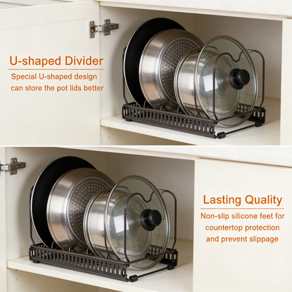 Pots and Pans Organizer Rack for Cabinet and Countertop, 10+ Pot Lids, Bakeware and Cookware Organizer Rack Holder with 10 Adjustable Compartments - Brown