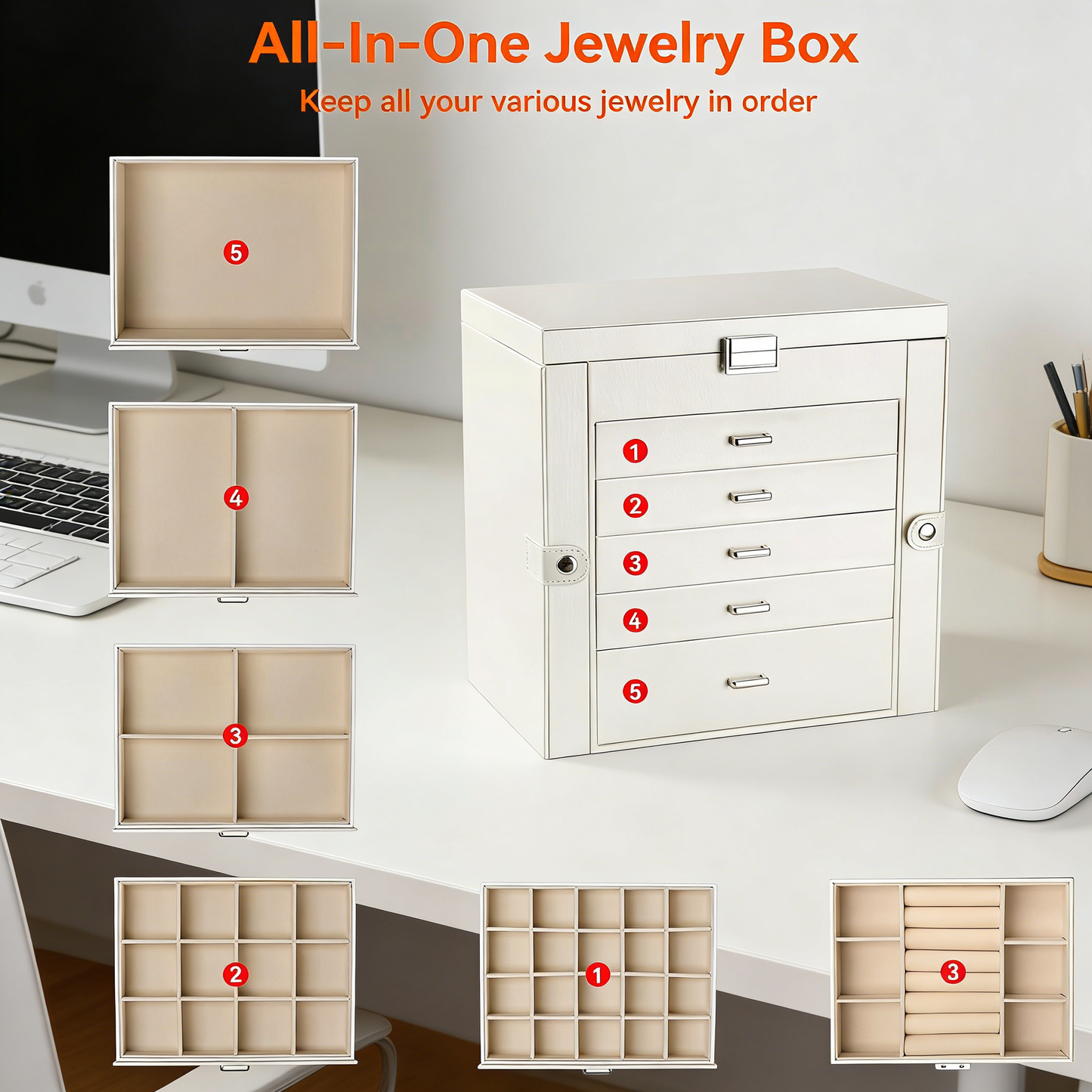 ,6-Tier PU Leather Jewelry Organizer,Multi-functional Storage Case with Mirror