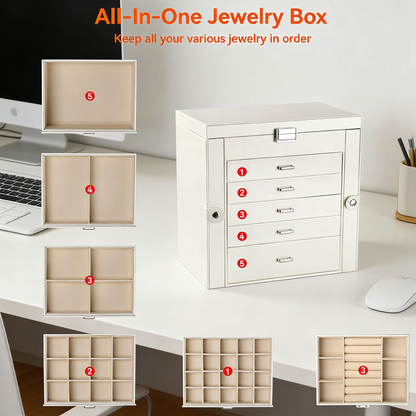 ,6-Tier PU Leather Jewelry Organizer,Multi-functional Storage Case with Mirror