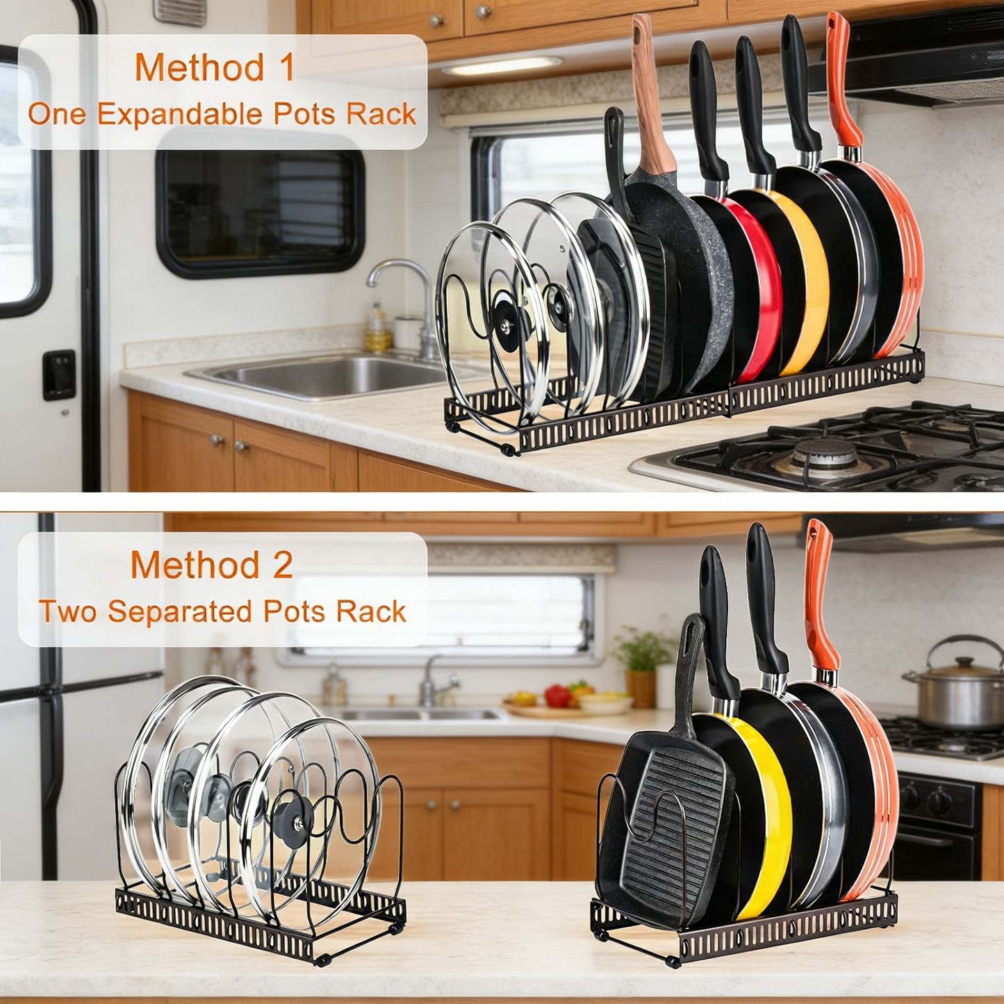 Pots and Pans Organizer Rack for Cabinet and Countertop, 10+ Pot Lids, Bakeware and Cookware Organizer Rack Holder with 10 Adjustable Compartments - Brown