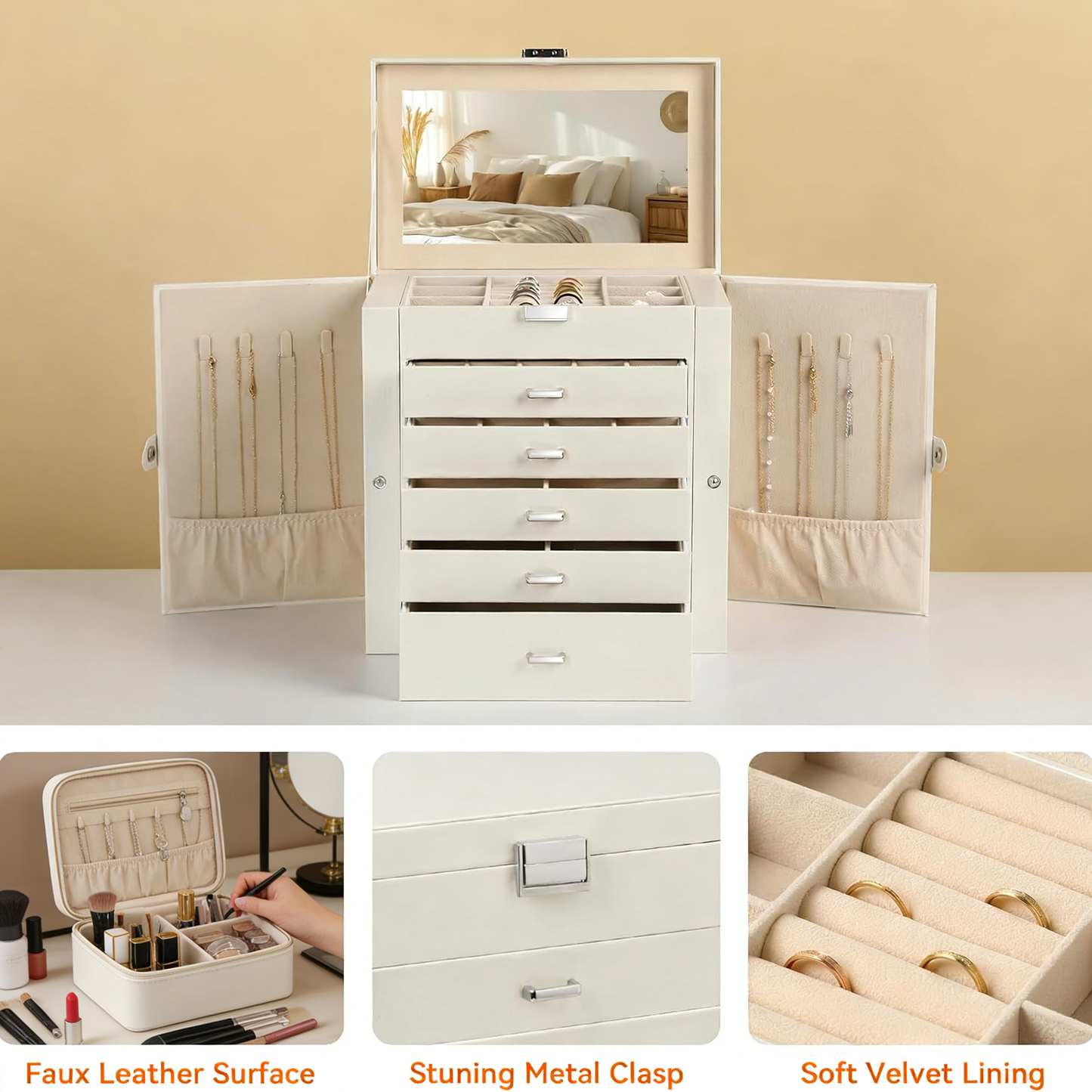 ,6-Tier PU Leather Jewelry Organizer,Multi-functional Storage Case with Mirror