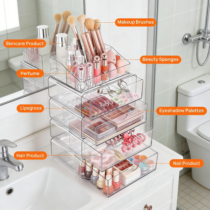 Makeup Organizer with Drawer, Cosmetic Storage for Dresser Countertop and Bathroom Vanity