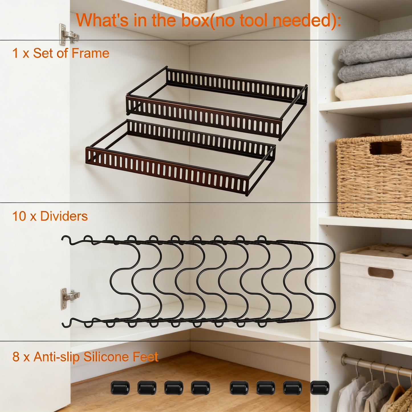 Pots and Pans Organizer Rack for Cabinet and Countertop, 10+ Pot Lids, Bakeware and Cookware Organizer Rack Holder with 10 Adjustable Compartments - Brown