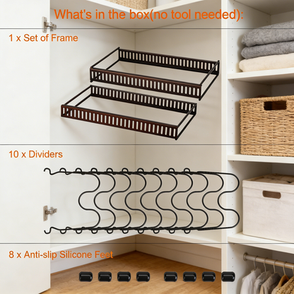 Pots and Pans Organizer Rack for Cabinet and Countertop, 10+ Pot Lids, Bakeware and Cookware Organizer Rack Holder with 10 Adjustable Compartments - Brown